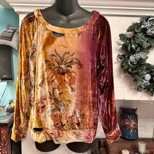 CHASER FLOWY SILK BLEND OMBRE VELVET PRINT BOHO TOP W/ CUTOUTS XS